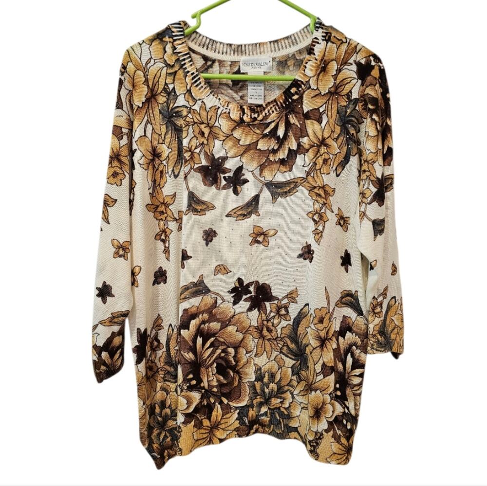 Rebecca Malone Sweater Women's Cream Multicolor Floral Lightweight Knit 1X